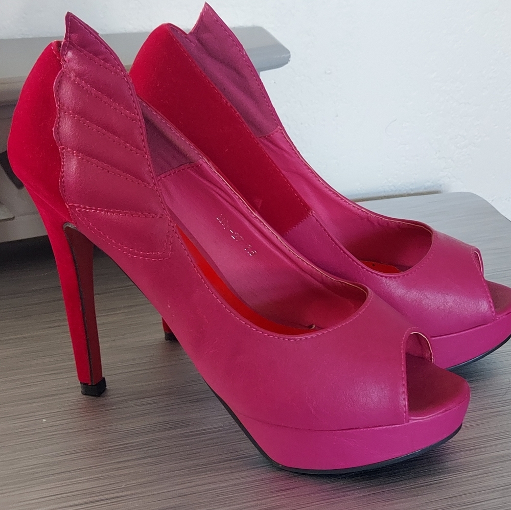 Hot Pink Suede Platform Peep Toe Stilettos
